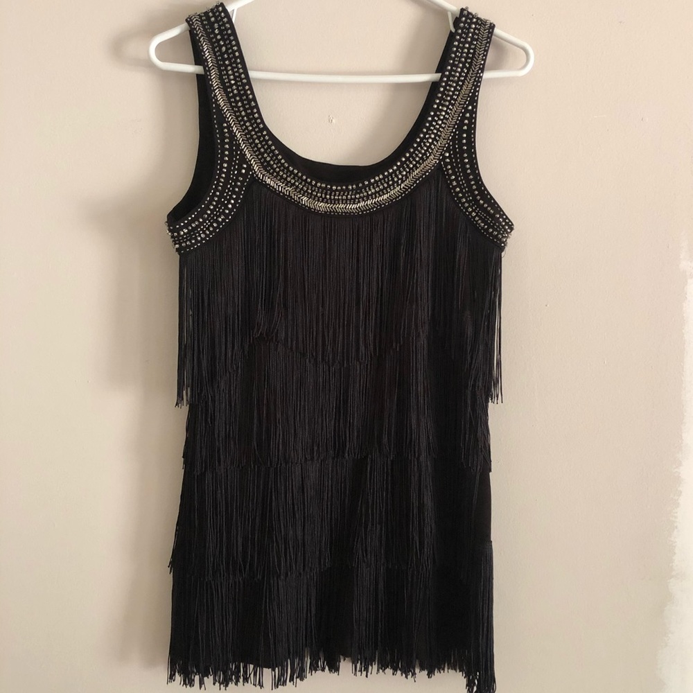 Cache Black Beaded Fringe Tank Top